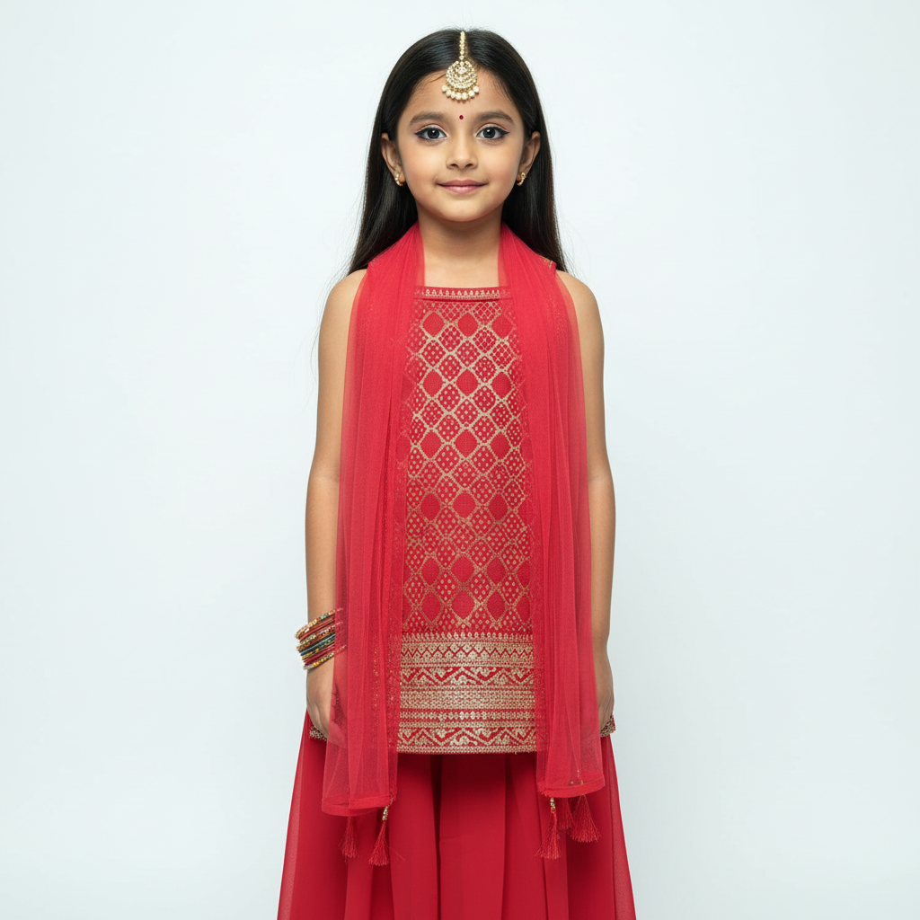 Cherry Red Bandhini Brocade Kurti Plazo Set – Festive Elegance for Girls