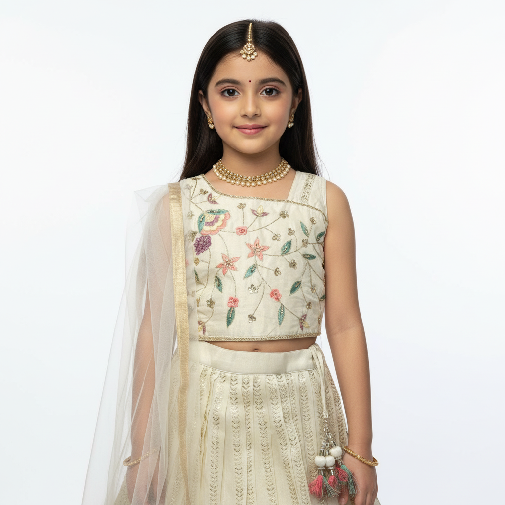 Ivory Tissue Kids’ Lehenga & Blouse Set – Elegant Handcrafted Festive Wear