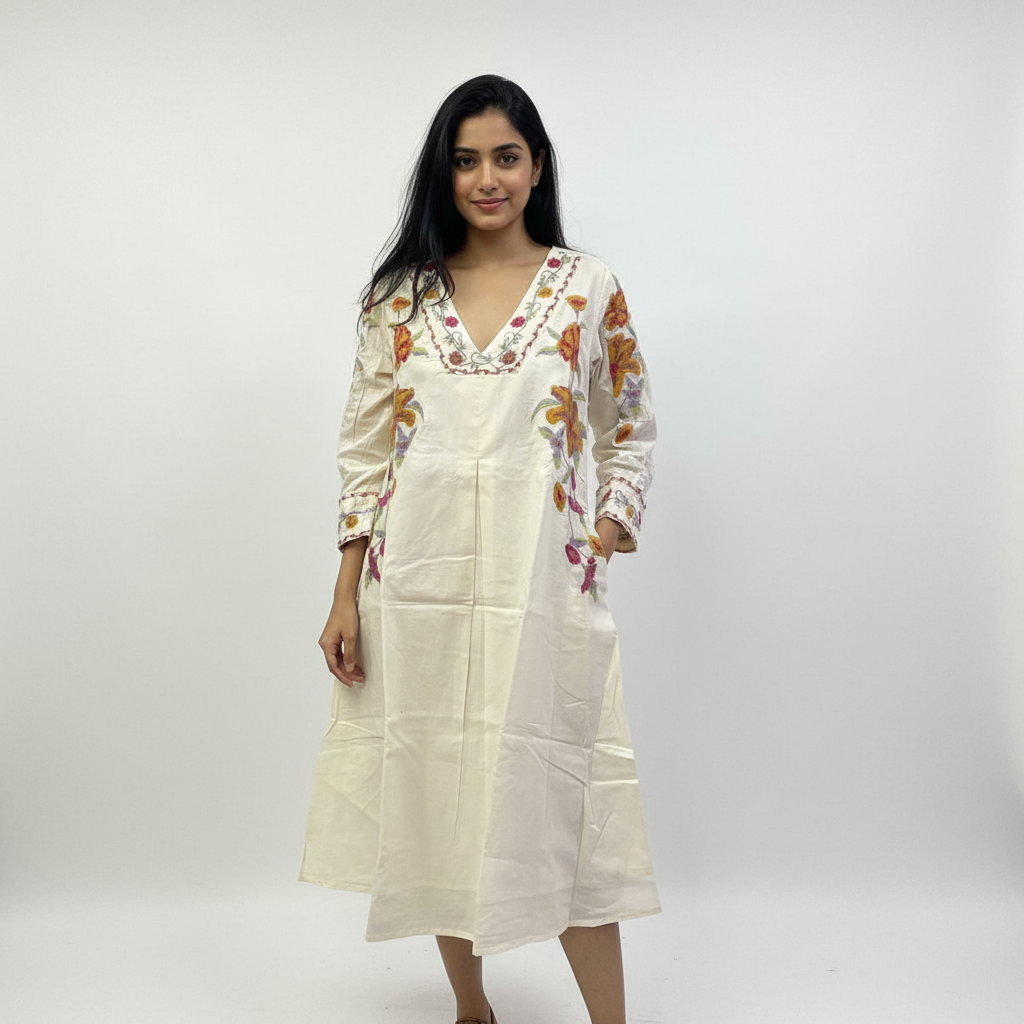 Beige White Mal Cotton Short Tunic Kurti β Elegant, Breezy & Beautifully Embroidered