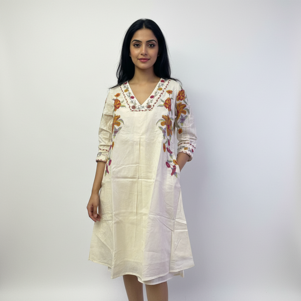 Beige White Mal Cotton Short Tunic Kurti – Elegant, Breezy & Beautifully Embroidered