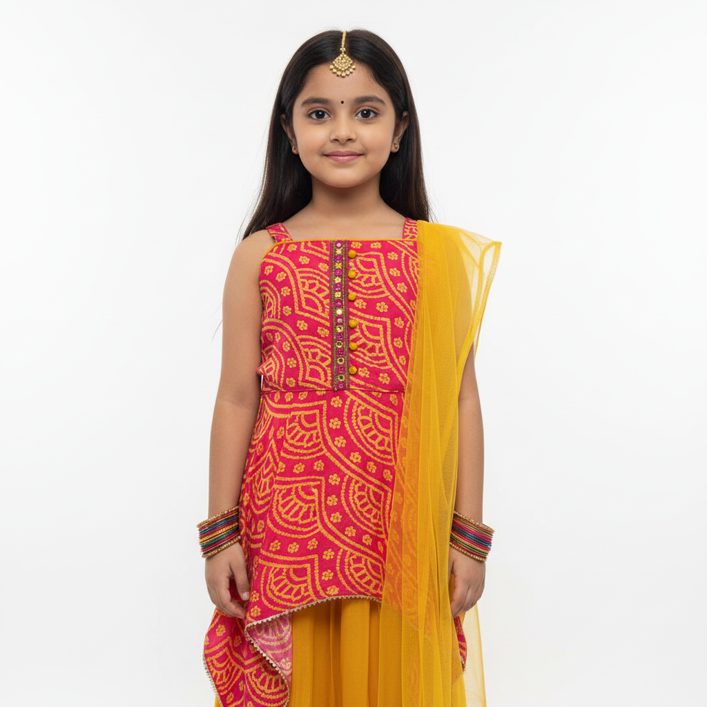 Rani Pink Bandhani Kurti Set for Kids – Mfoks