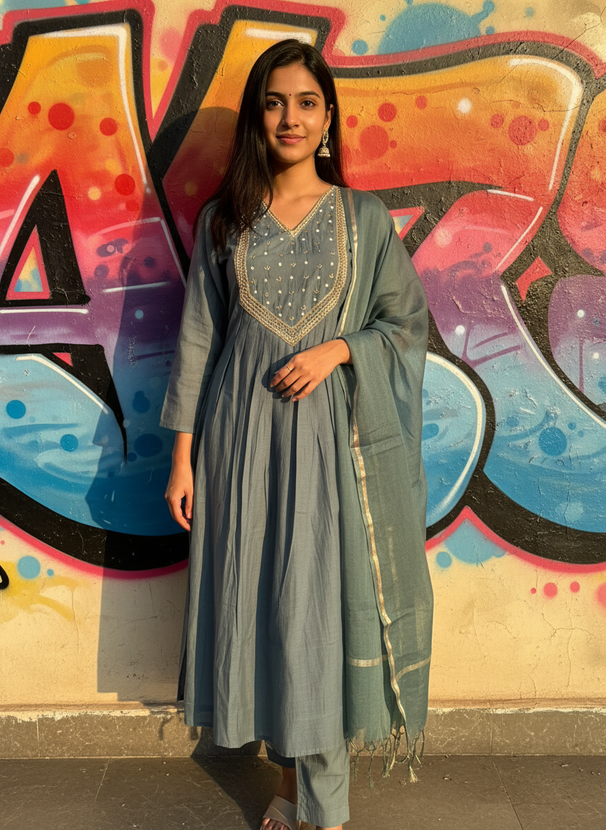 Pastel Greyish Blue Mal Chanderi A-Line Suit Set