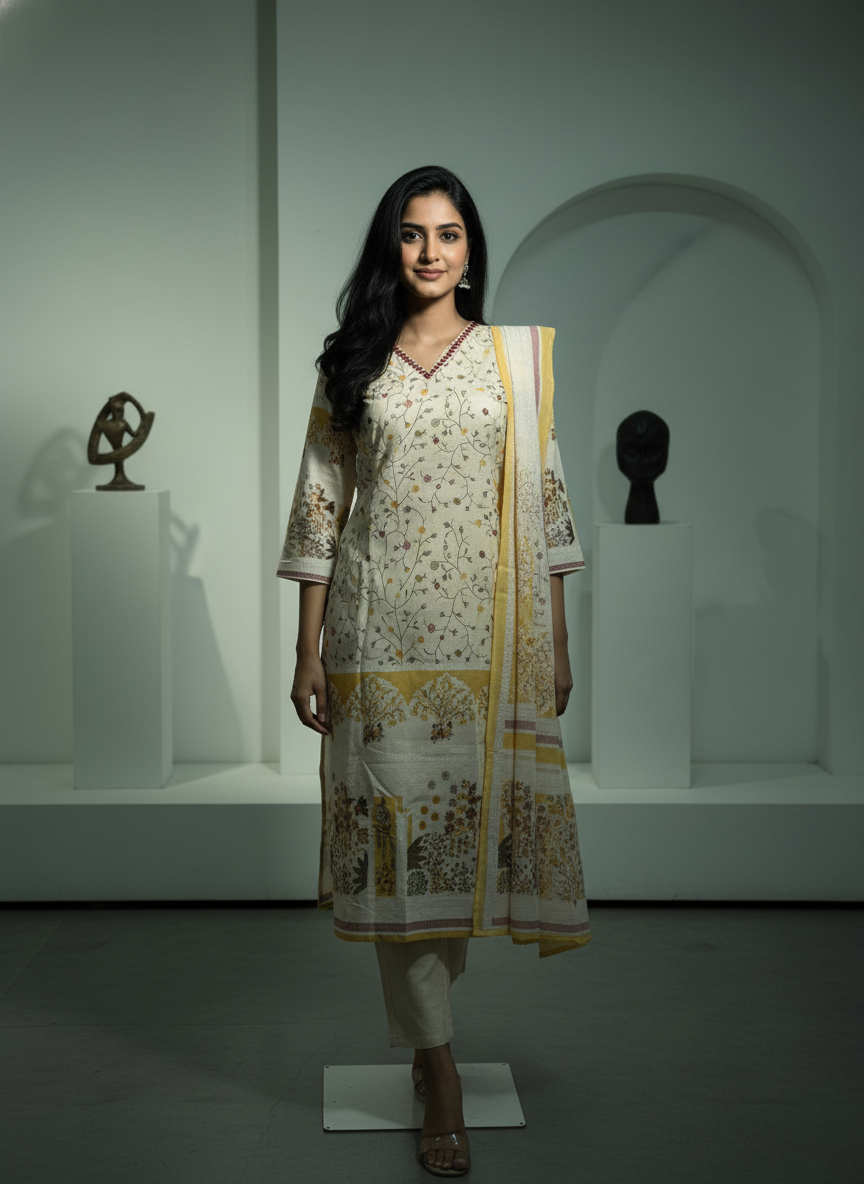 Mal Chanderi Brush Painting Straight Suit Set