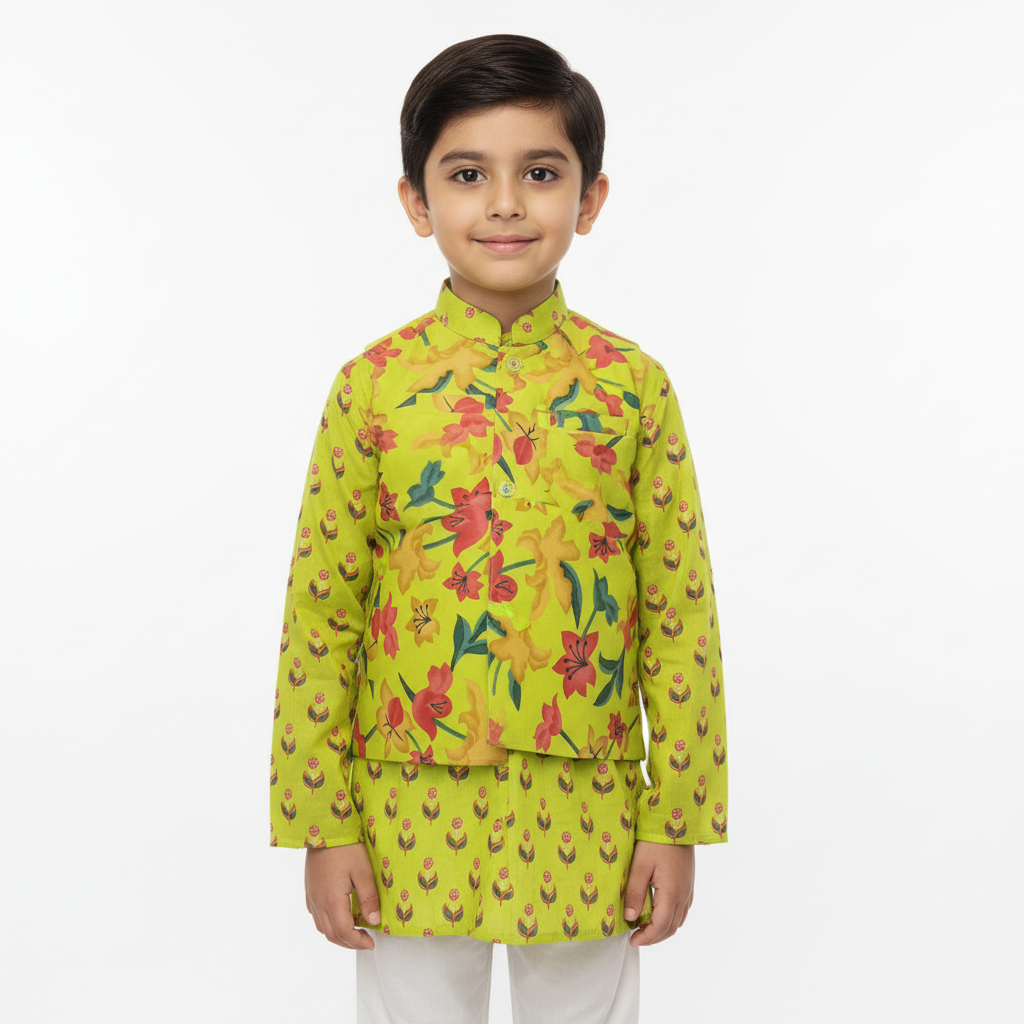 Boys Lime Green Cotton Kurta Set with Floral Nehru Jacket