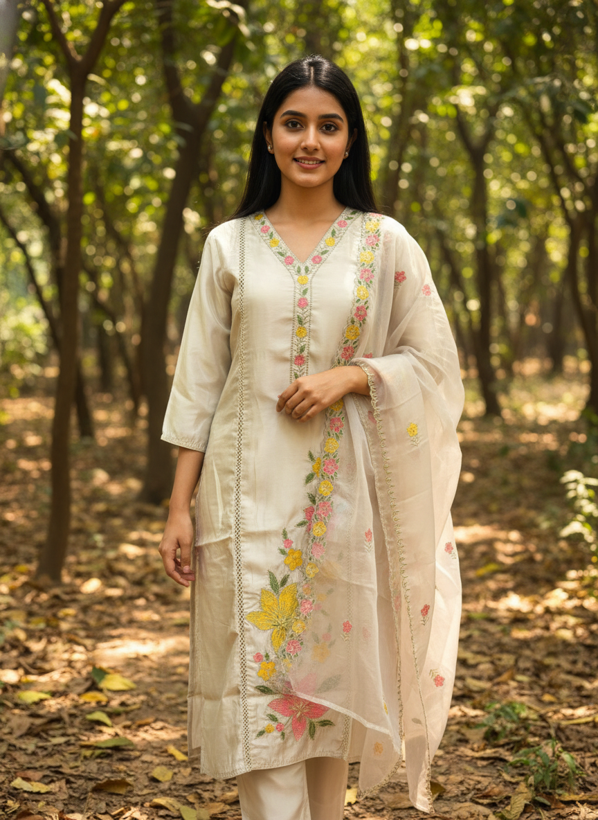 Soft Silk Embroidered Straight Suit Set in Ivory with Floral Detailing