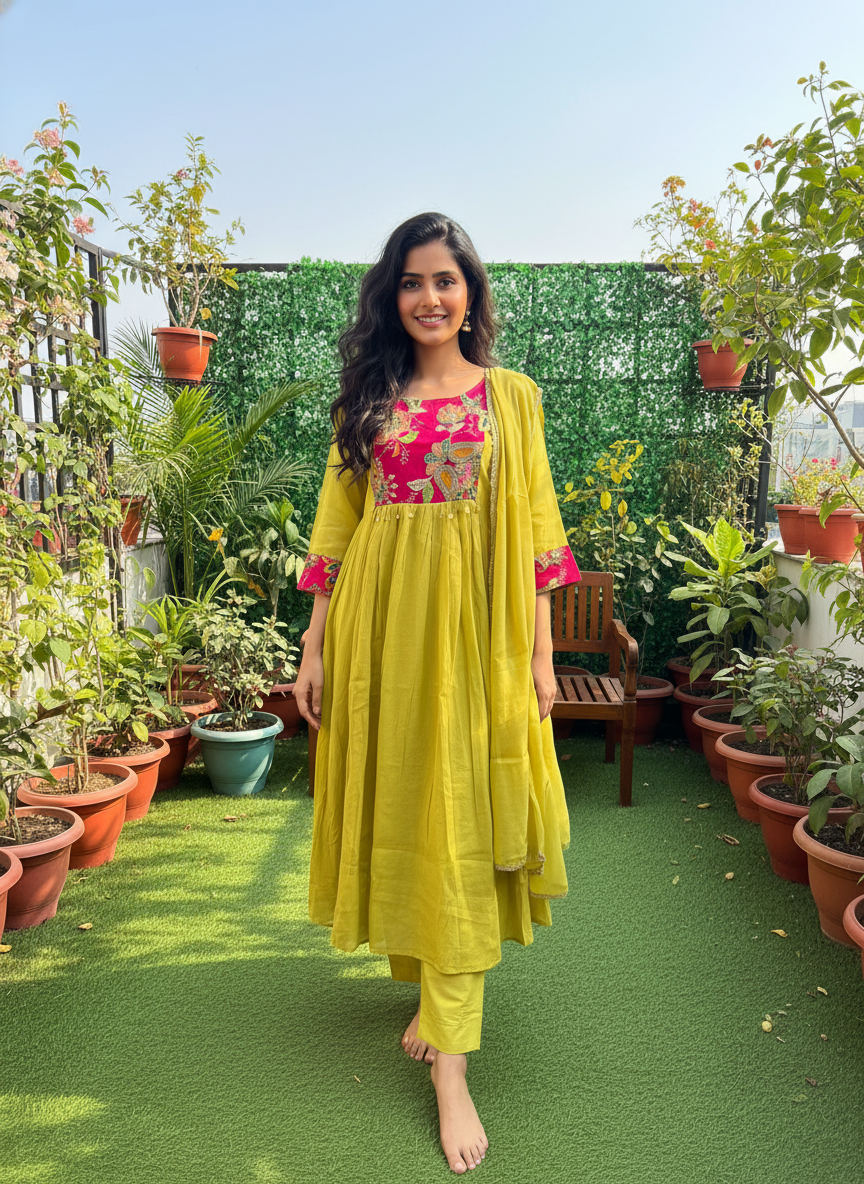 Mal Chanderi A-Line Rani Patchwork Suit Set