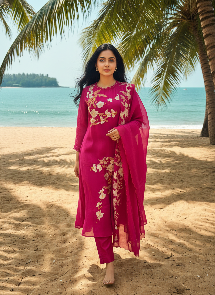 Rani Mal Chanderi A-Line Suit Set with White & Orange Thread Embroidery