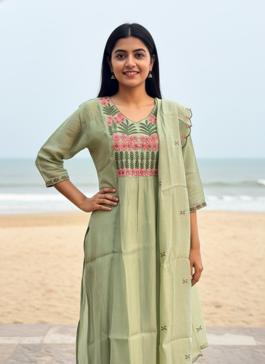 Pastel Pistachio Mal Chanderi A-Line Side-Cut Suit Set