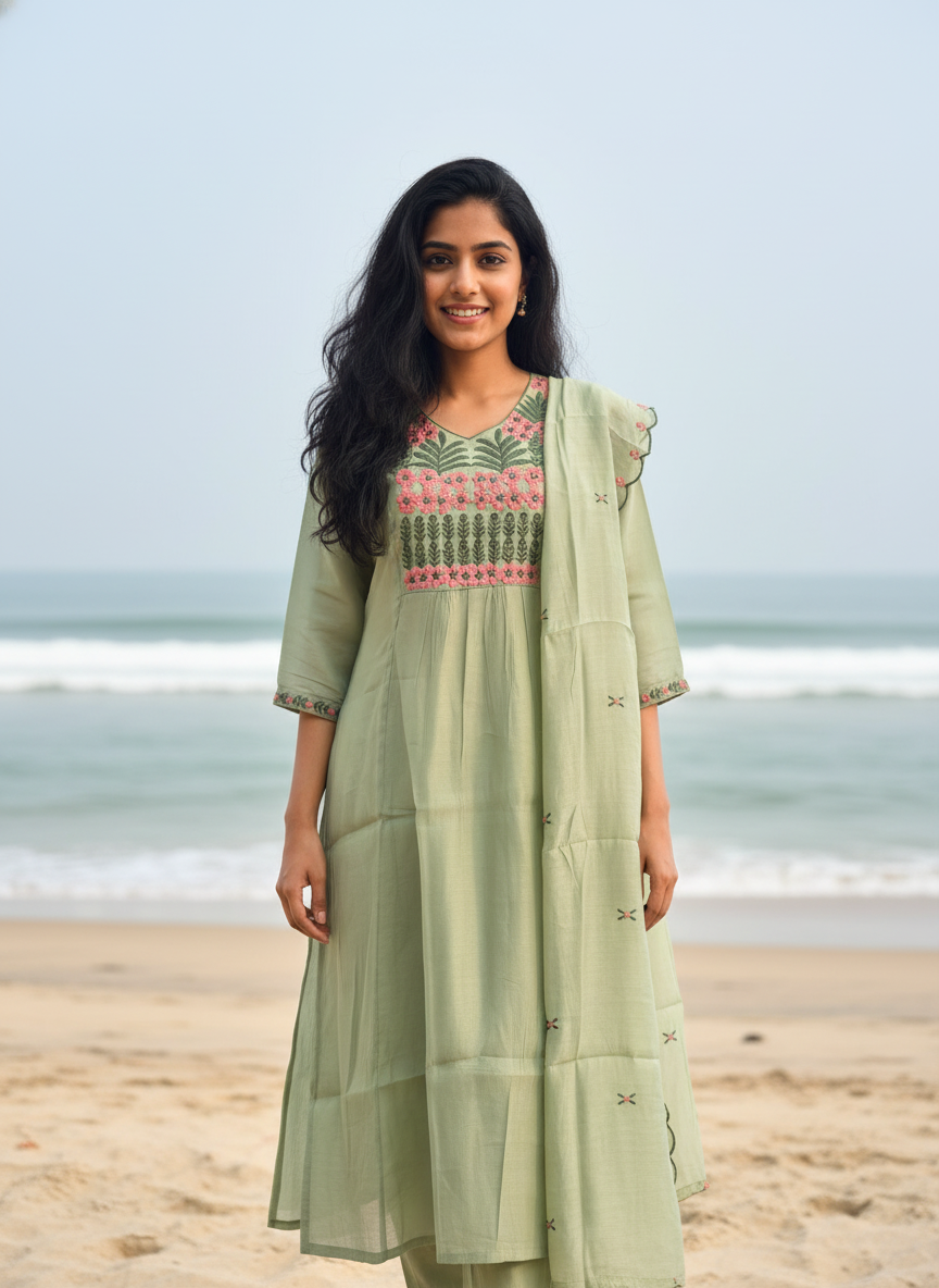 Pastel Pistachio Mal Chanderi A-Line Side-Cut Suit Set