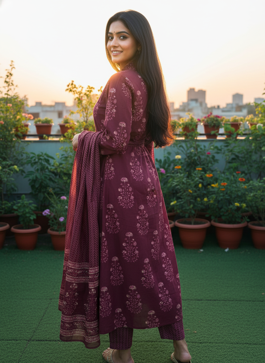 Pure cotton printed long A-line suit set