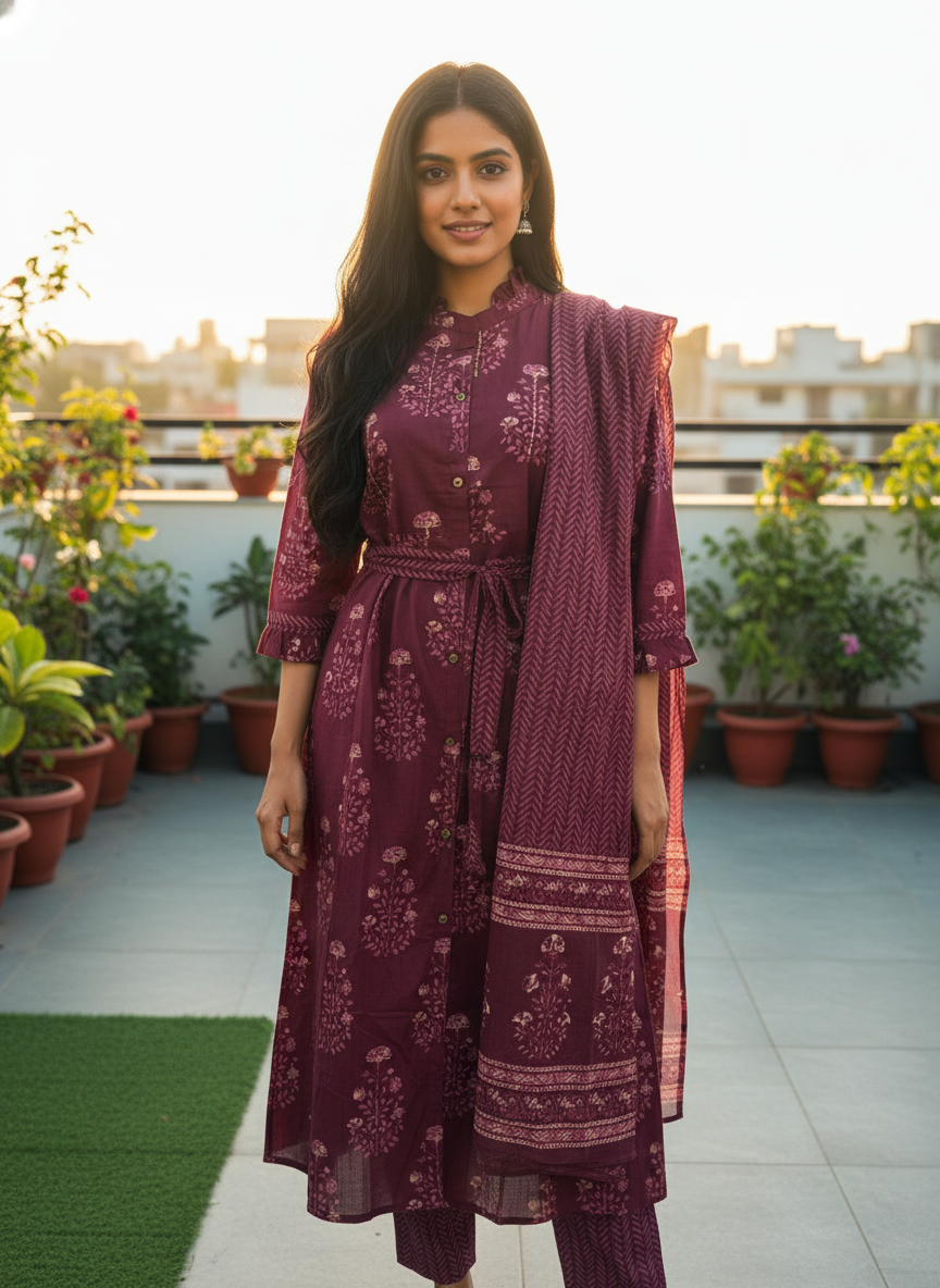 Pure cotton printed long A-line suit set