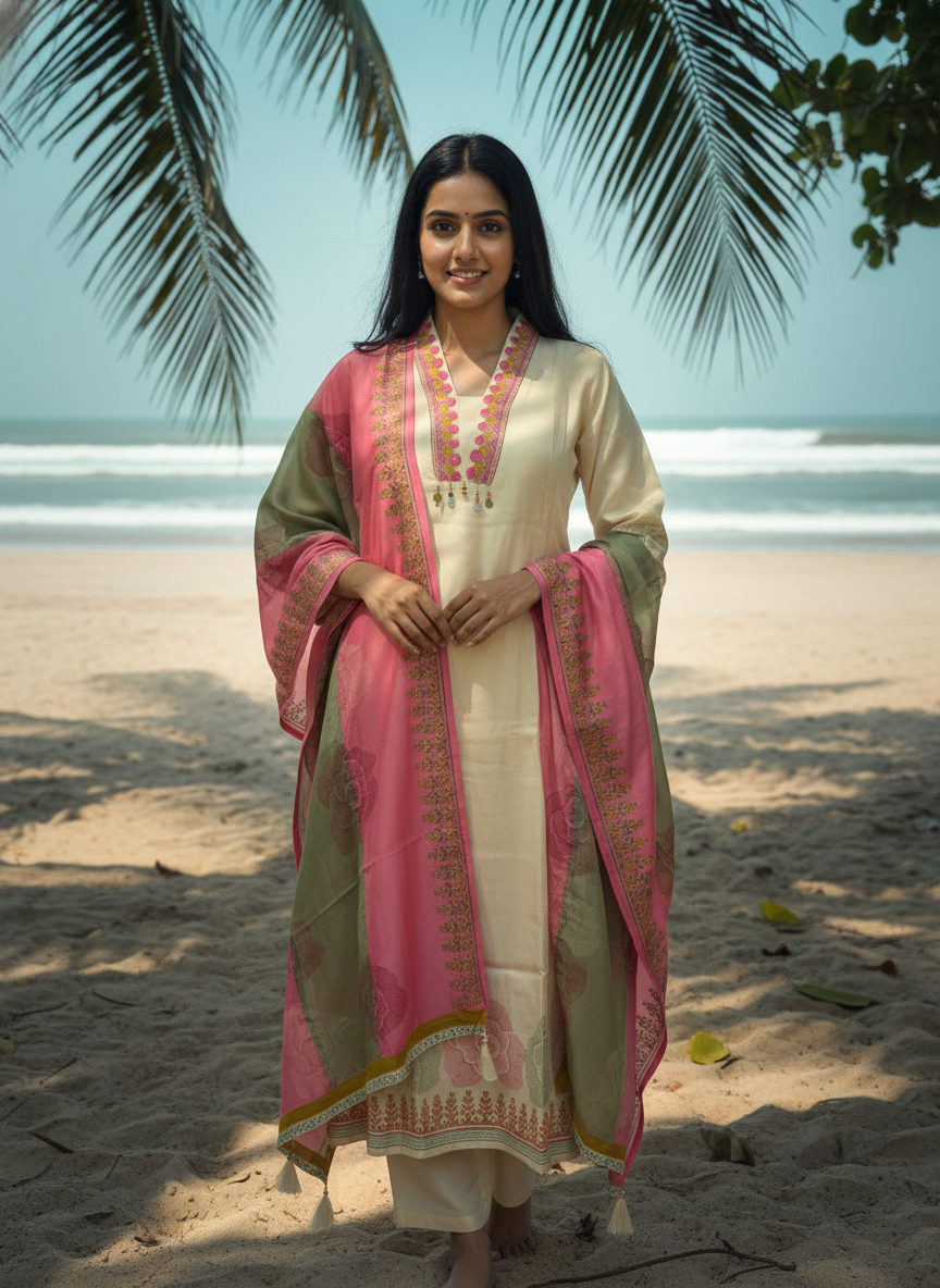 Cream A-line suit set in pure royal silk blends
