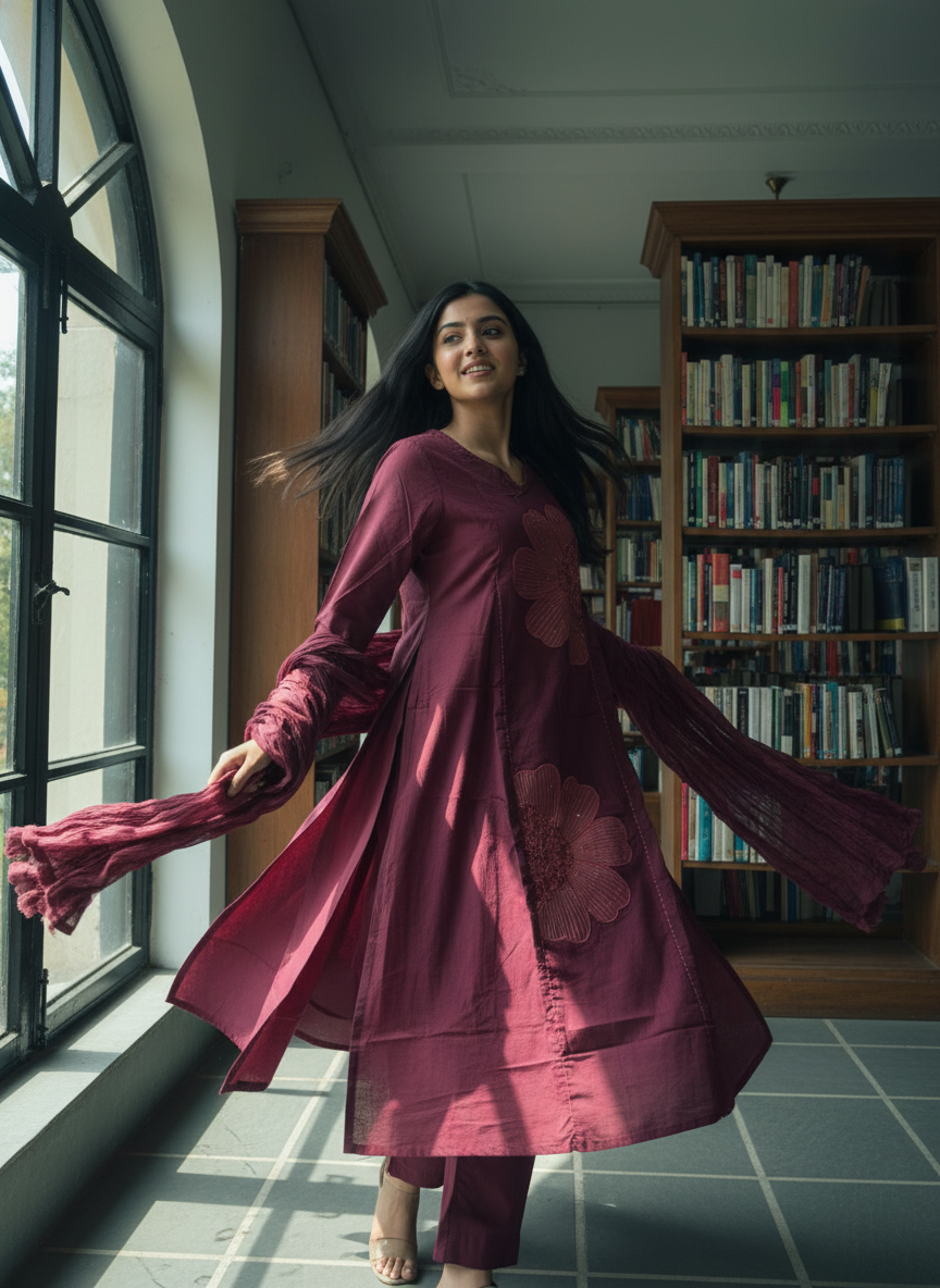 Cotton A-line suit set blends handcrafted embroidery