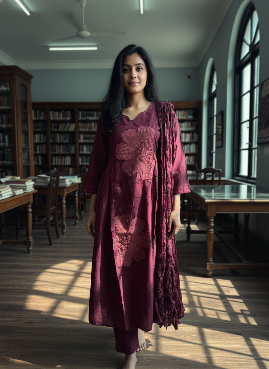 Cotton A-line suit set blends handcrafted embroidery