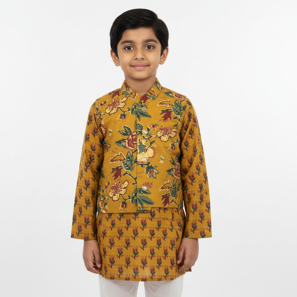 Kids’ Mustard Cotton Kurta Set with Floral Nehru Jacket – Traditional & Stylish