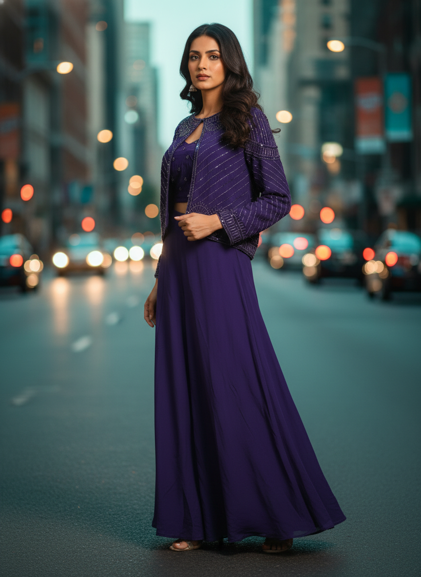 Royal Purple Natural Crepe Designer Co-Ord Set with Pearl & Bead Embellished Jacket