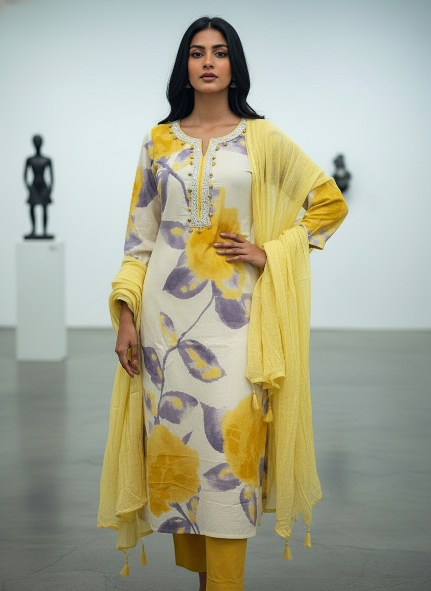 Purple & Yellow Floral Pure Cotton A-Line Suit Set