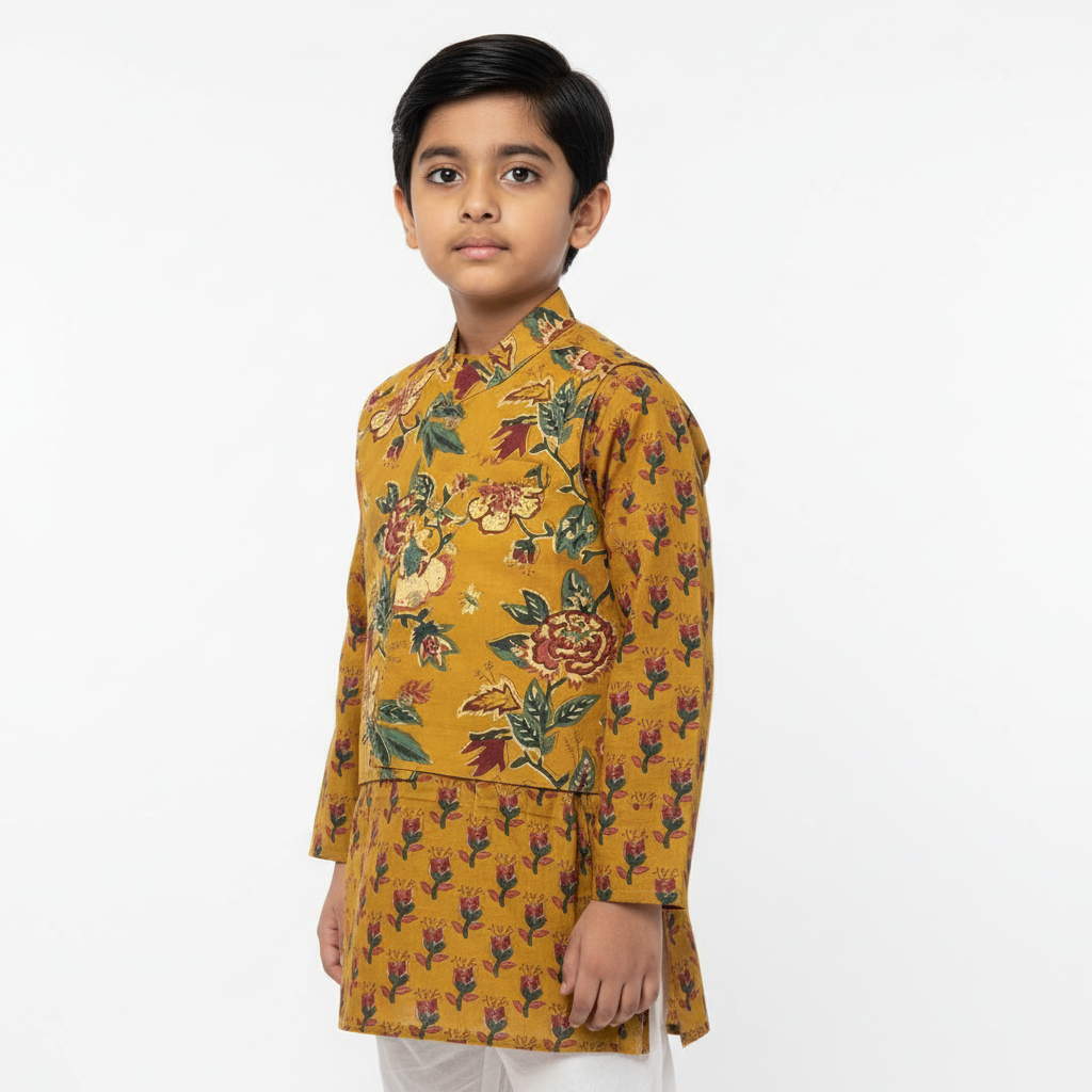 Kids’ Mustard Cotton Kurta Set with Floral Nehru Jacket – Traditional & Stylish