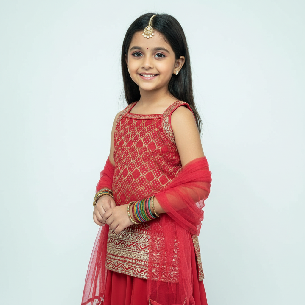 Cherry Red Bandhini Brocade Kurti Plazo Set – Festive Elegance for Girls