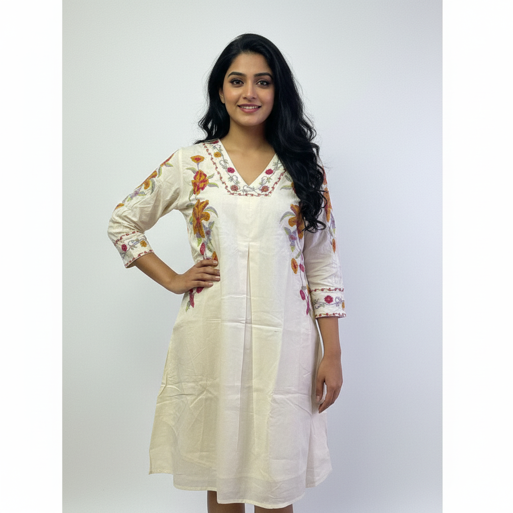 Beige White Mal Cotton Short Tunic Kurti β Elegant, Breezy & Beautifully Embroidered