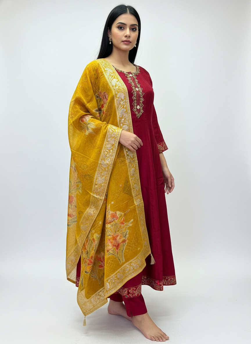 Maroon Dola Silk A-Line Suit Set with Golden Organza Dupatta
