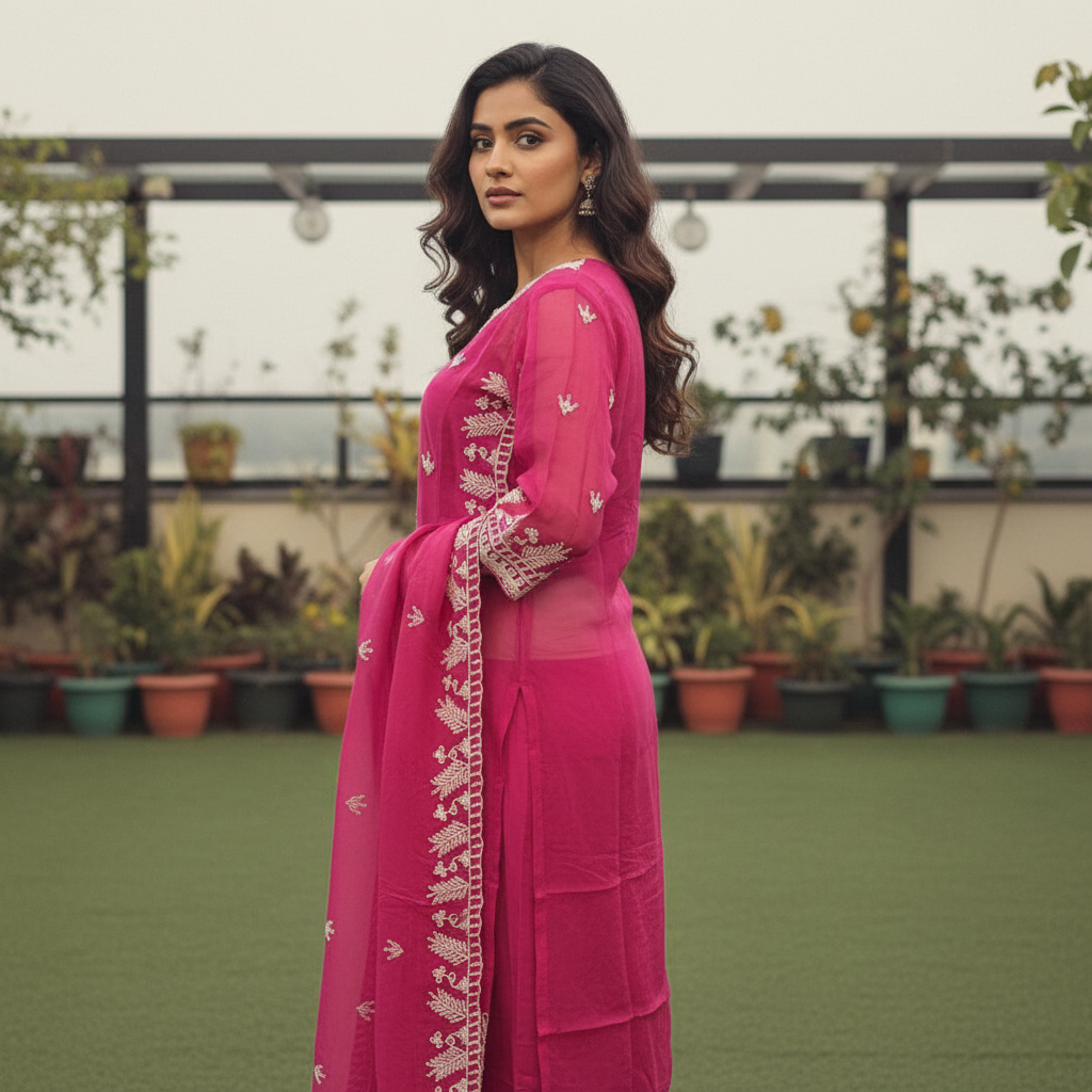 Fuchsia Pink Pure Viscose Organza Suit Set