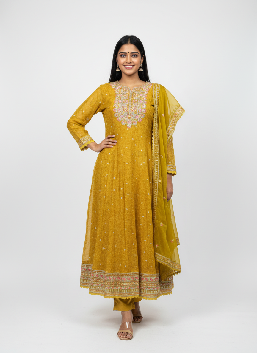 Mustard Yellow Viscose Organza Anarkali Suit Set
