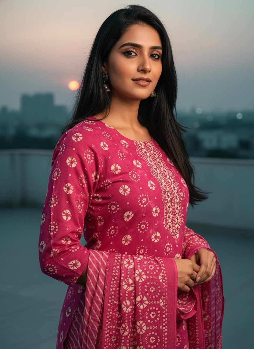 Pink Cambric Cotton Straight Suit Set