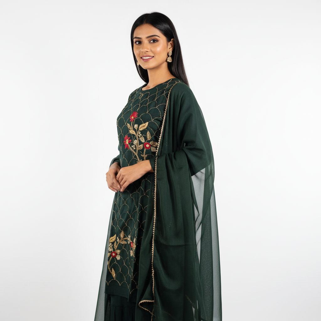 Midnight X M'Foks - Royal Silk Handwork Short Kurta With Dupatta & Georgette Sharara