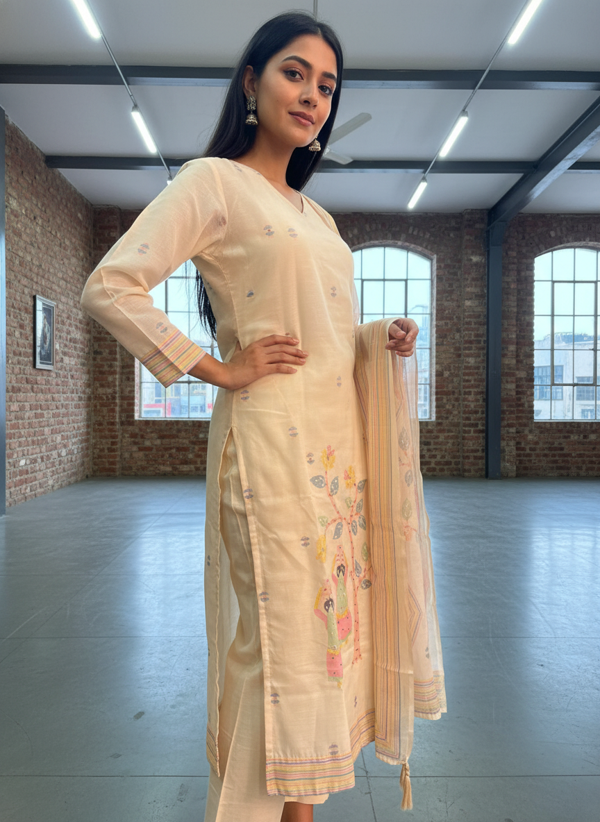 Slub Textured Cotton Straight Suit Set with Tribal Embroidery