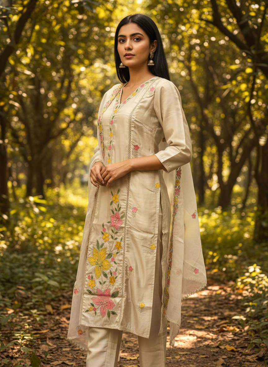Soft Silk Embroidered Straight Suit Set in Ivory with Floral Detailing