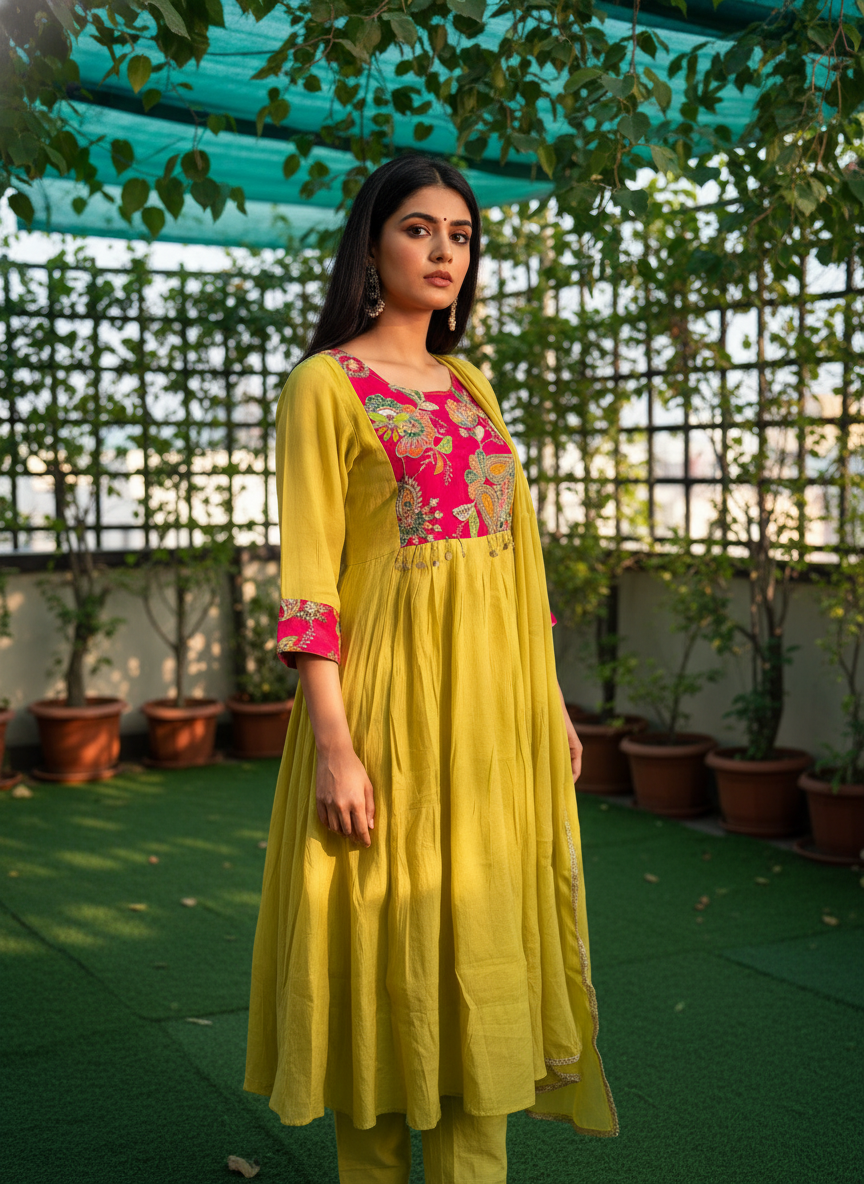 Mal Chanderi A-Line Rani Patchwork Suit Set