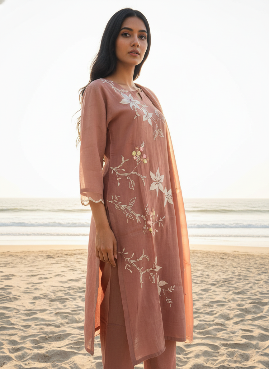 Blush Brown Pure Mal Chanderi Straight Suit Set with Embroidery & Pearl Work