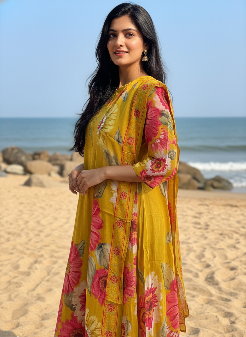 Natural Crepe Mustard A-Line Suit Set with Digital Embroidery & Floral Print