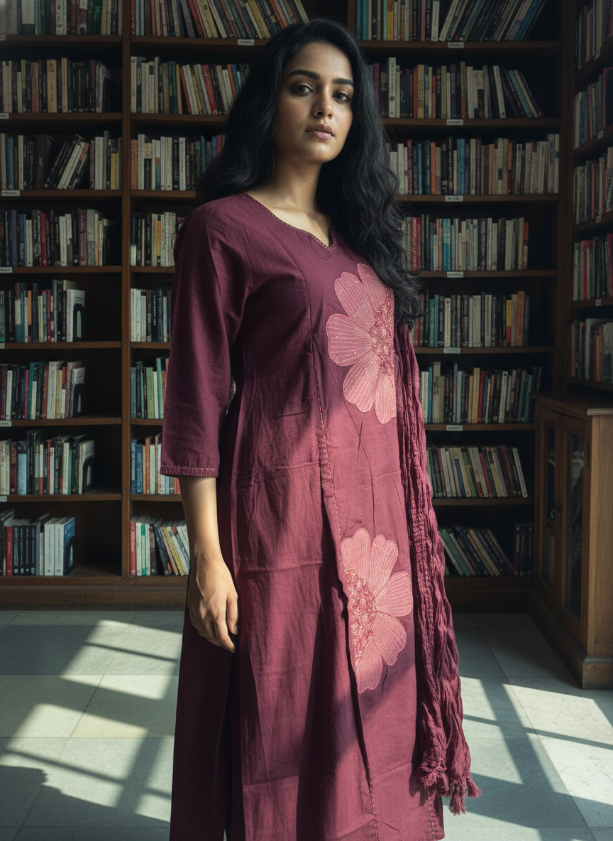 Cotton A-line suit set blends handcrafted embroidery