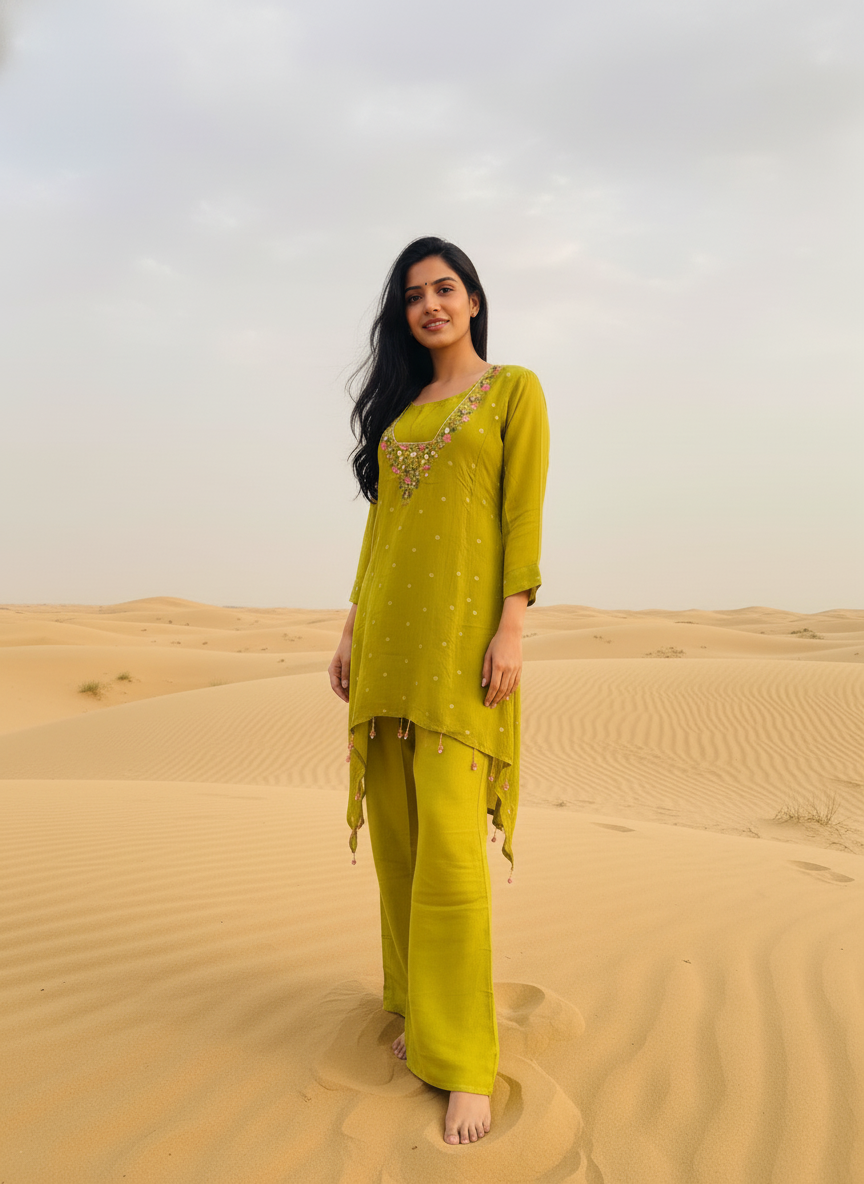 Liril Green Pure Chinon Coord Set – Festive Chic with Subtle Shimmer