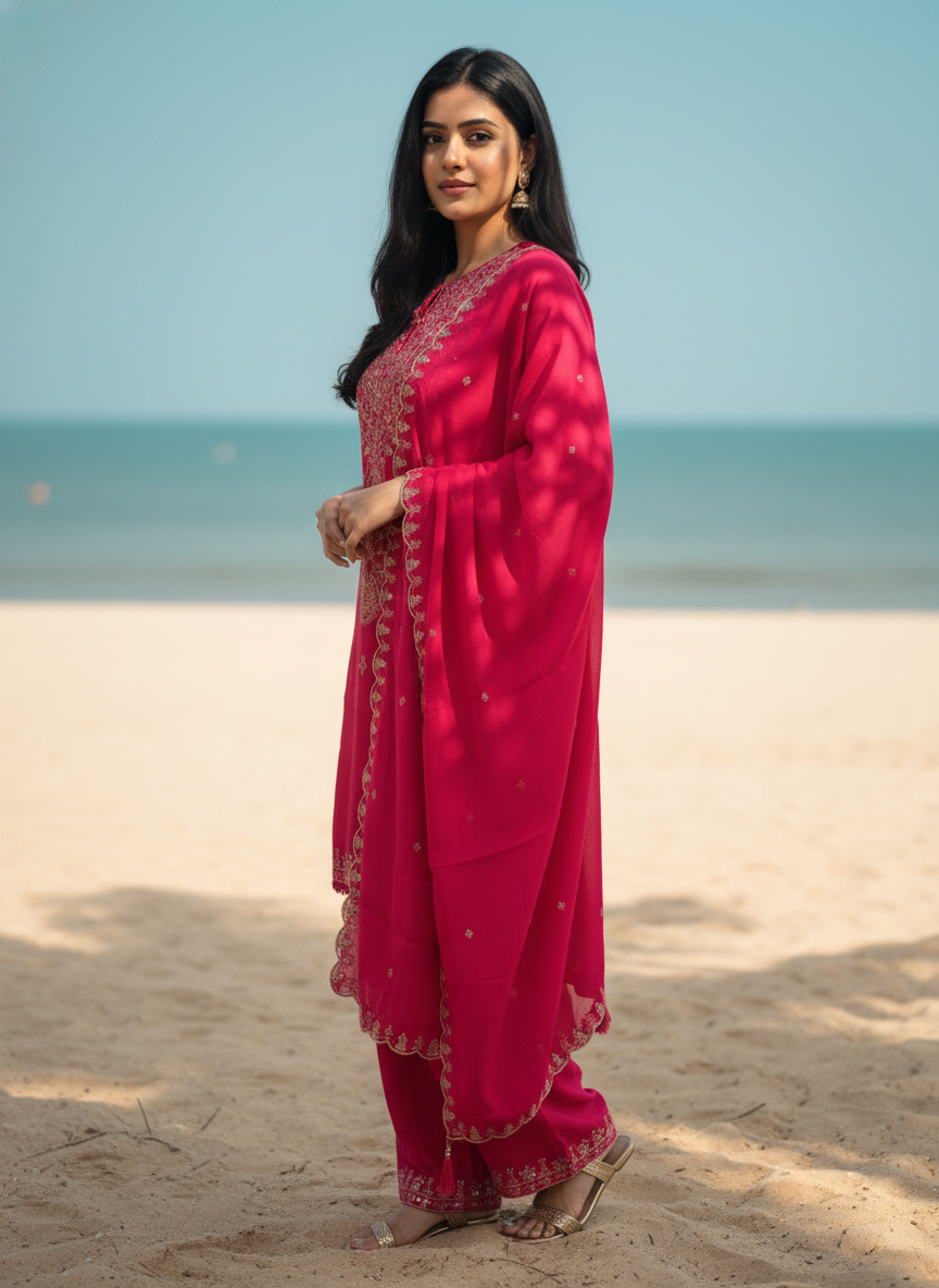 Mal Chanderi Parsi Pattern Suit Set – Rani Pink Elegance with Intricate Threadwork