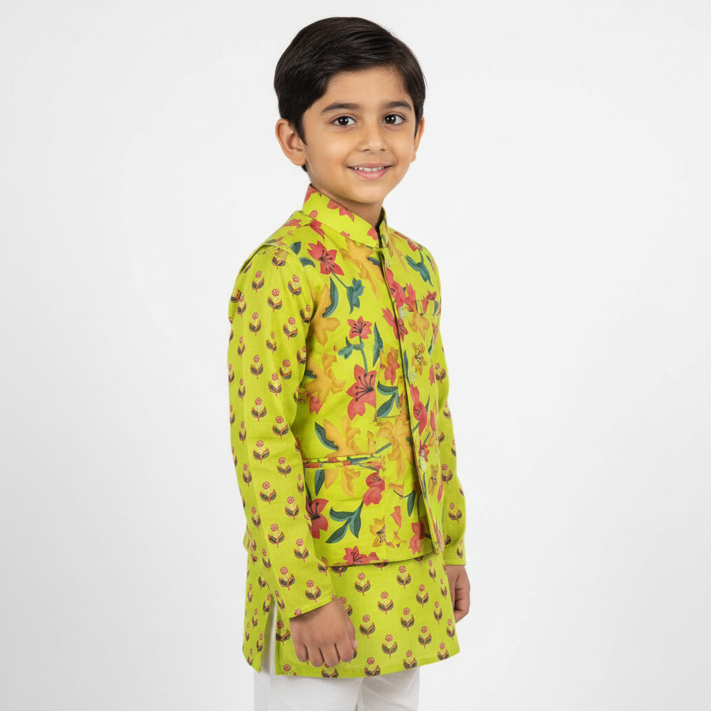 Boys Lime Green Cotton Kurta Set with Floral Nehru Jacket