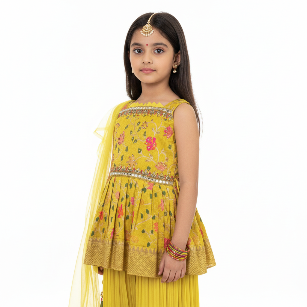 Lime Yellow Kids’ Brocade Jacquard Dress Set – Festive & Elegant
