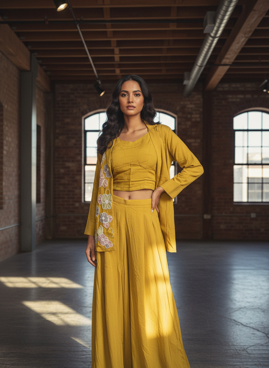 Pure Mal Chanderi Mustard Coord Set with Floral Applique Embroidery