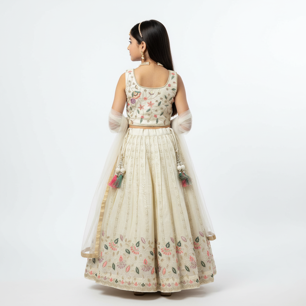 Ivory Tissue Kids’ Lehenga & Blouse Set – Elegant Handcrafted Festive Wear