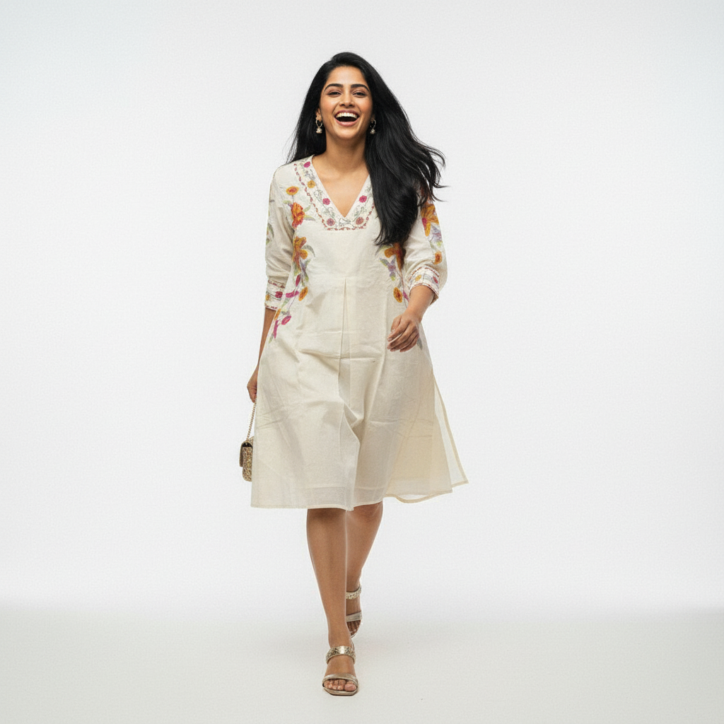 Beige White Mal Cotton Short Tunic Kurti β Elegant, Breezy & Beautifully Embroidered