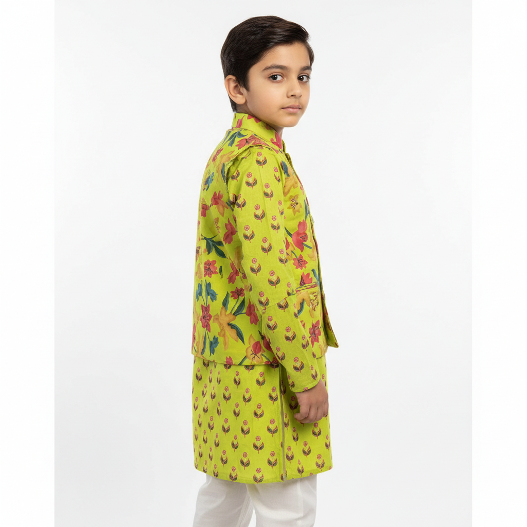 Boys Lime Green Cotton Kurta Set with Floral Nehru Jacket