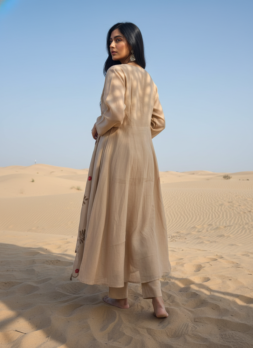 Elegant Beige-Gold Mal Chanderi A-Line Suit Set