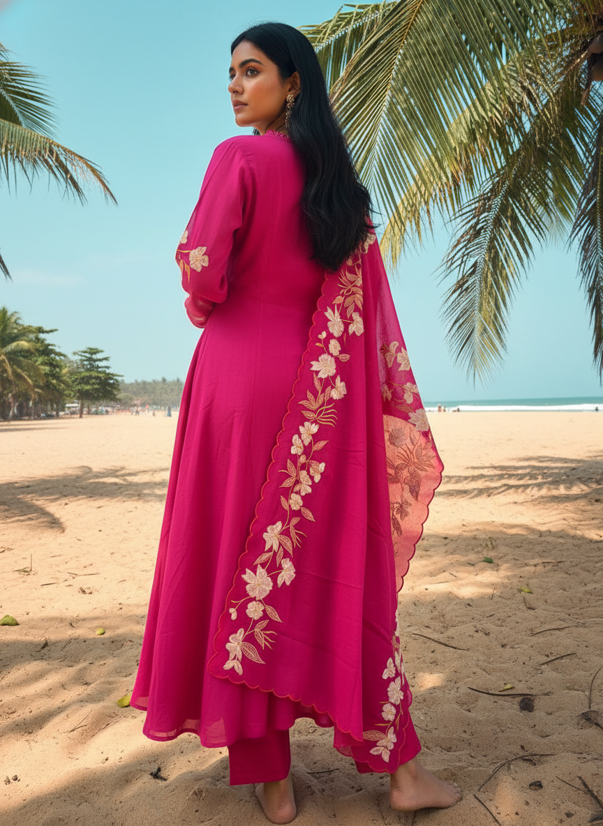 Rani Mal Chanderi A-Line Suit Set with White & Orange Thread Embroidery