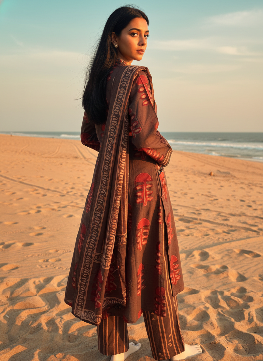 Cotton A-Line Suit Set with Hand-Block Inspired Prints & Patch Pockets