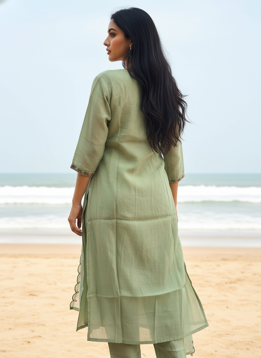 Pastel Pistachio Mal Chanderi A-Line Side-Cut Suit Set