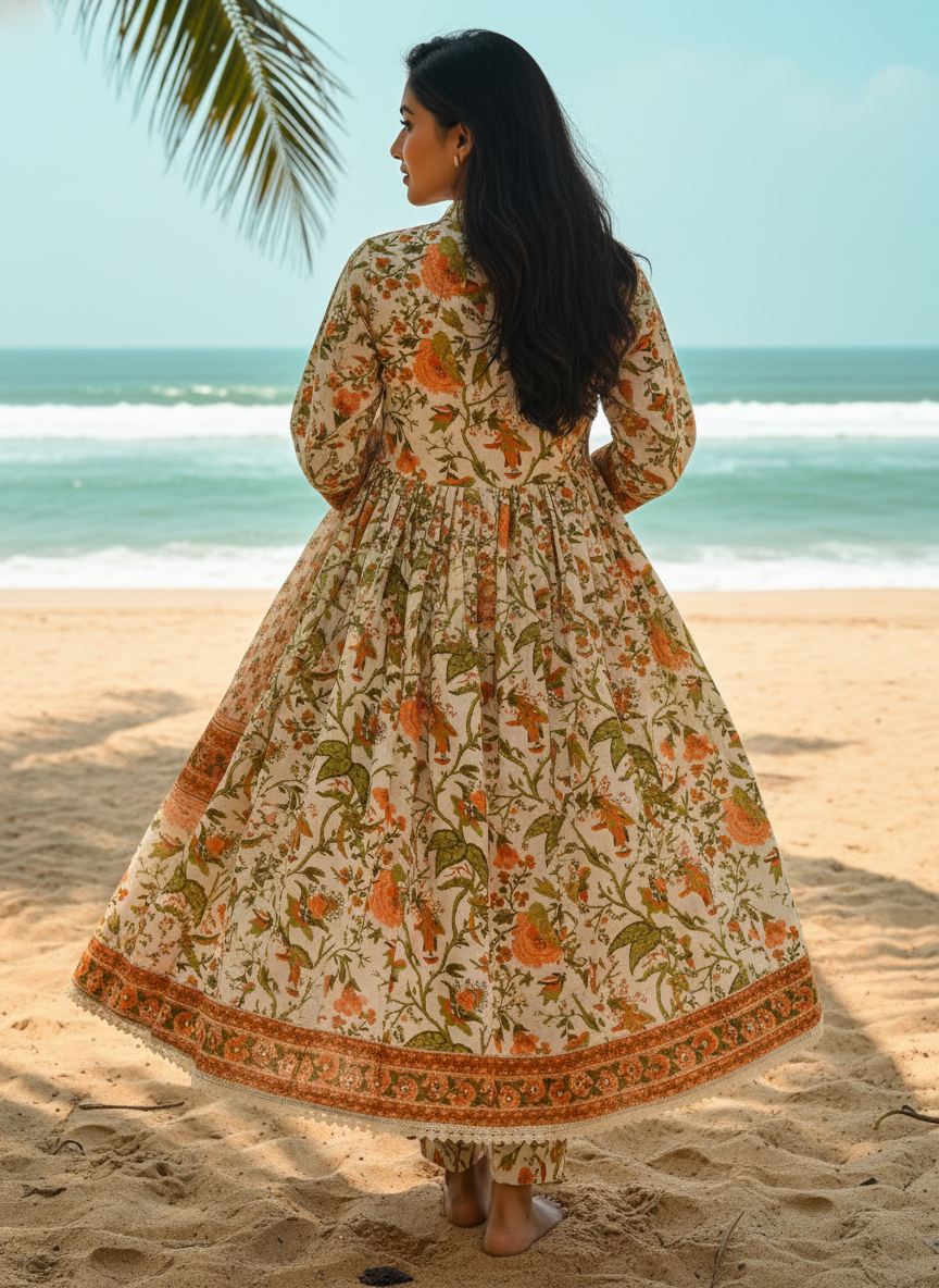 Cotton printed Mandarin-collar Anarkali suit