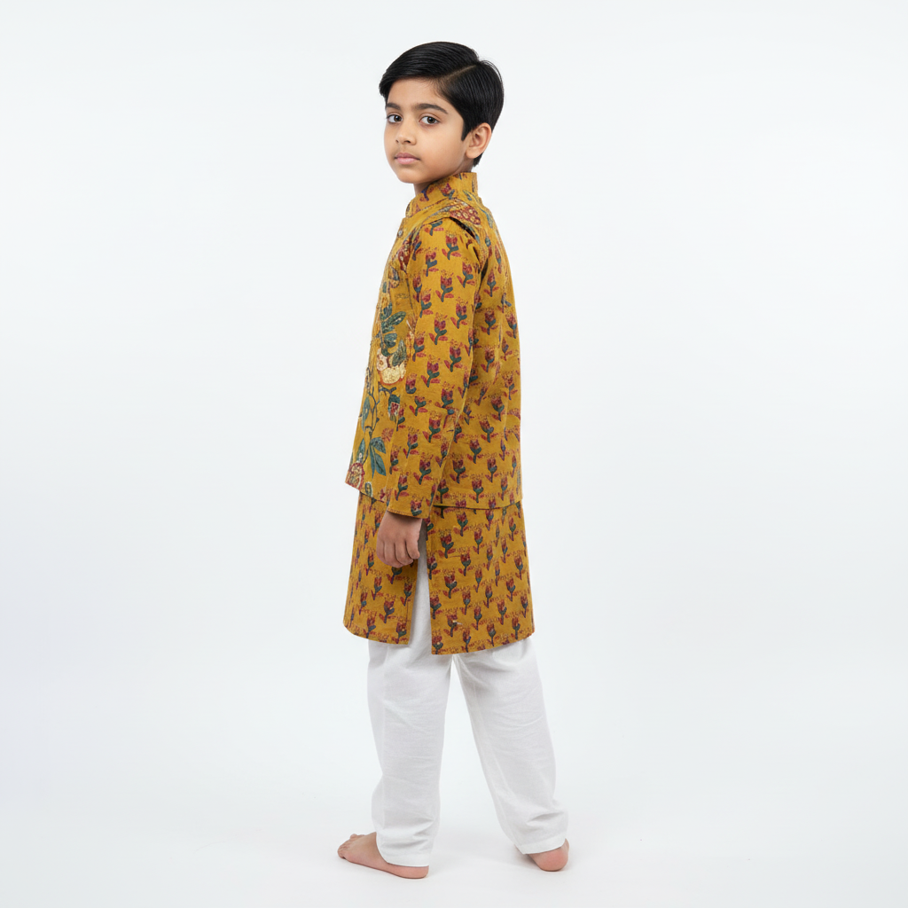 Kids’ Mustard Cotton Kurta Set with Floral Nehru Jacket – Traditional & Stylish