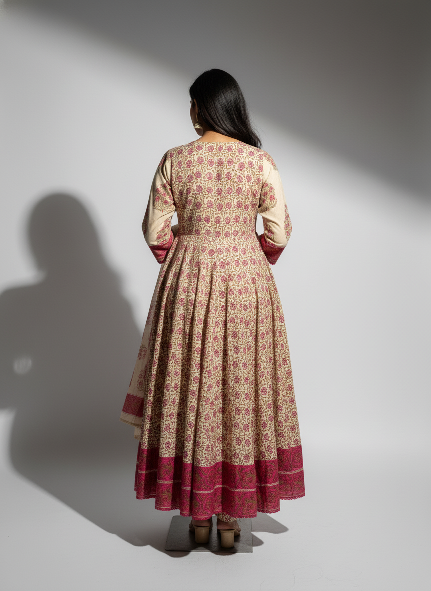 Pure Cotton A-Line Block Print Suit Set with Dupatta – Beige & Deep Pink